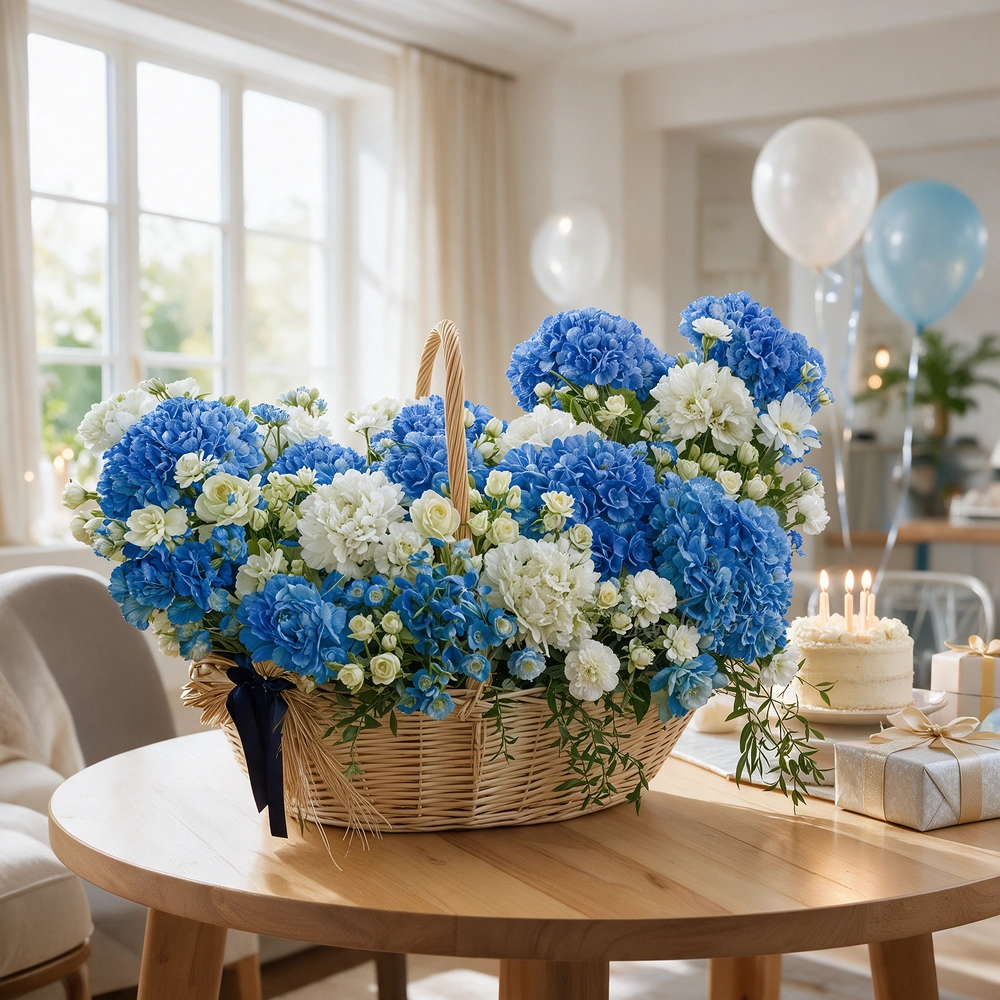 10 blue hydrangeas, 5 white hydrangeas, 30 white spray roses, 30 white carnations, 20 white roses,