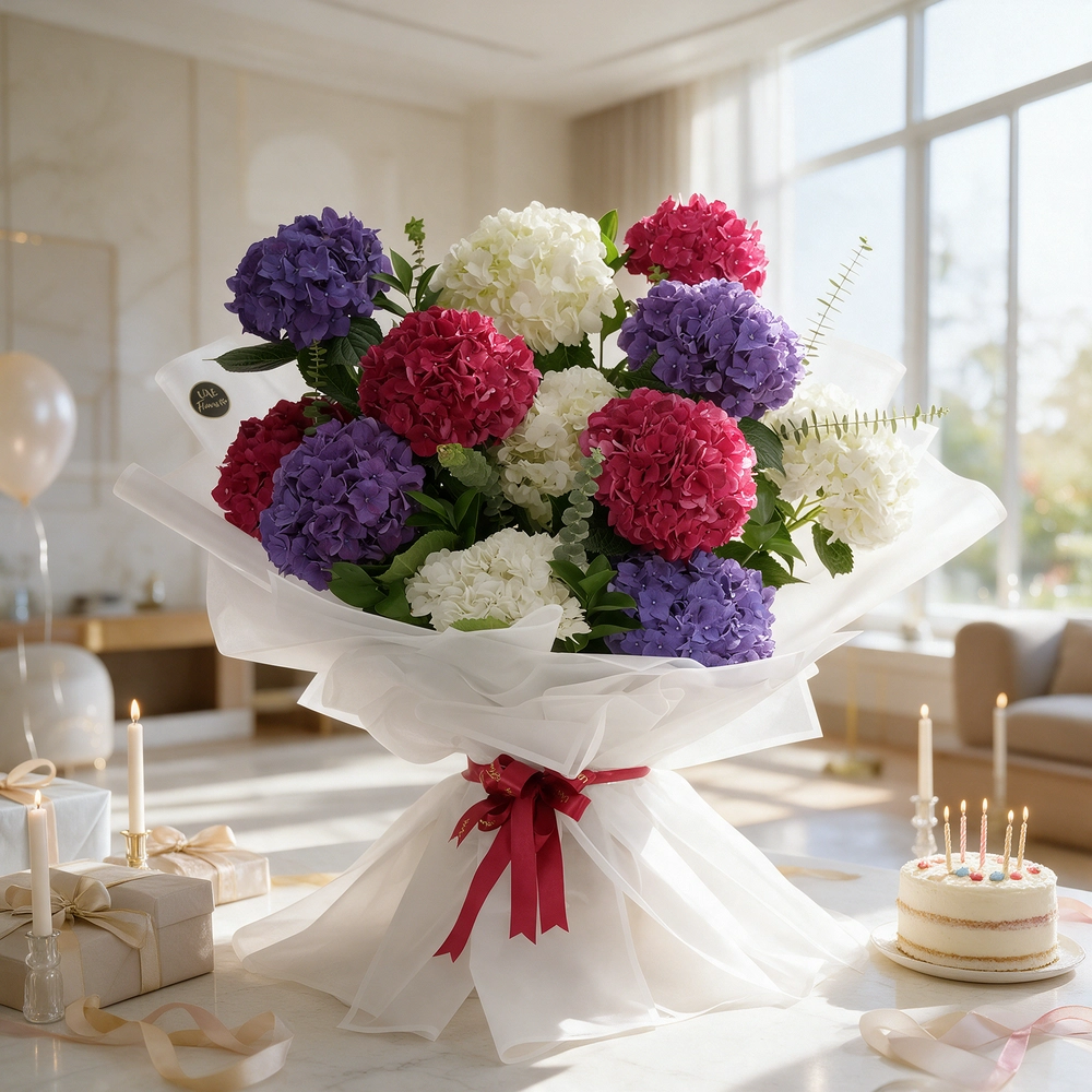 bouquet with red, white, and purple hydrangeas