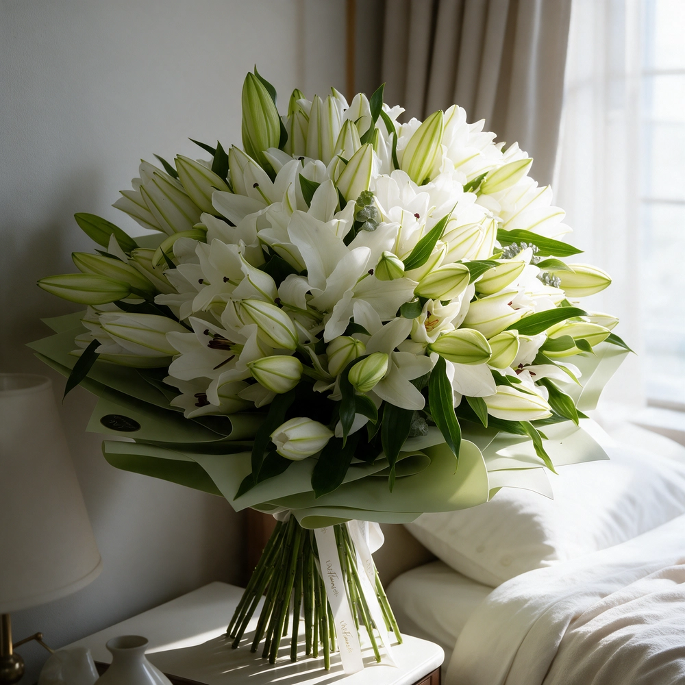 bouquet of 20 white lilies with green fillers wrapped in pastel green paper