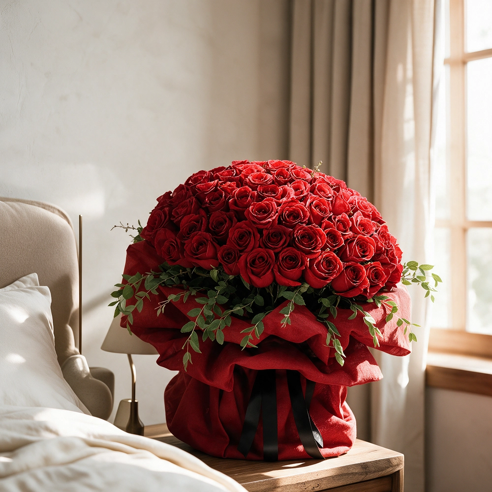 A large bouquet featuring 40 vibrant red roses paired with delicate gypsophila (baby's breath) elegantly wrapped in cream-colored paper and tied with a bold red ribbon, sitting on a table in a modern