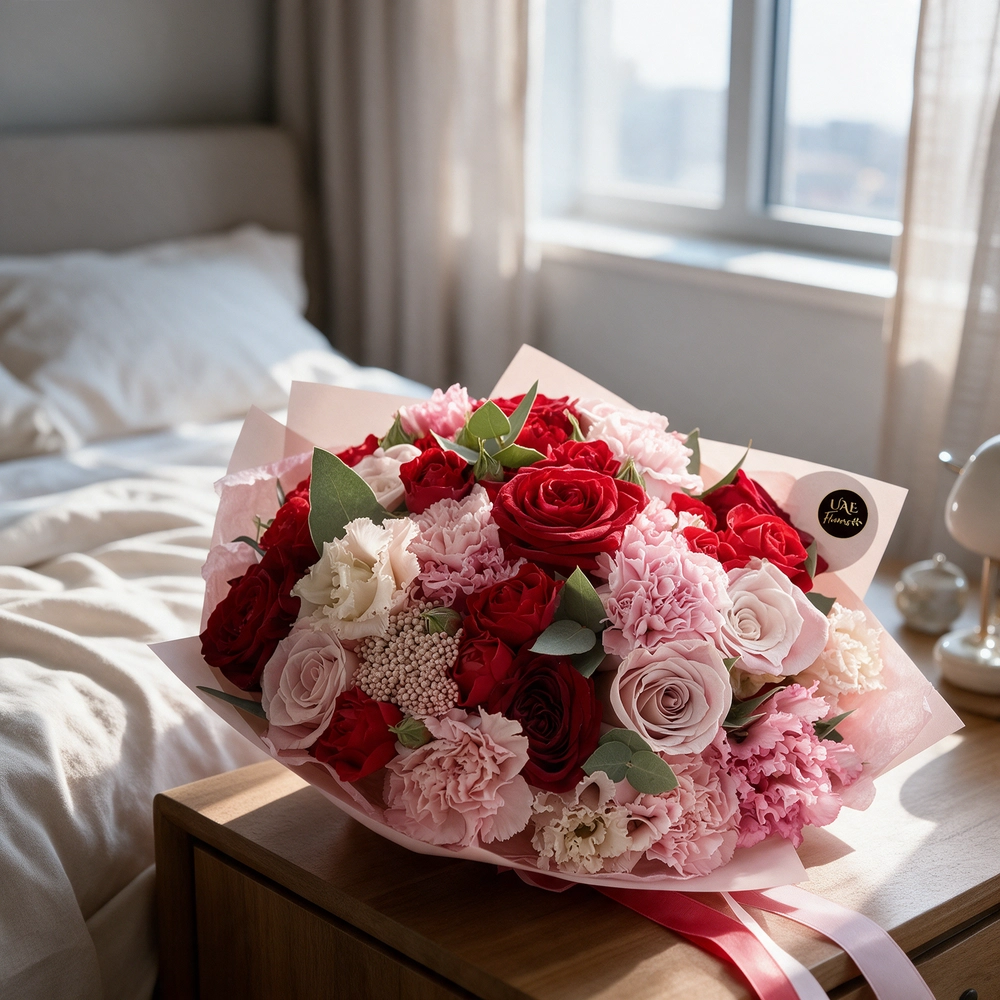 A bouquet containing 25 red and pink roses, 15 pink and white carnations with fillers, wrapped in pink paper, and tied with a red ribbon