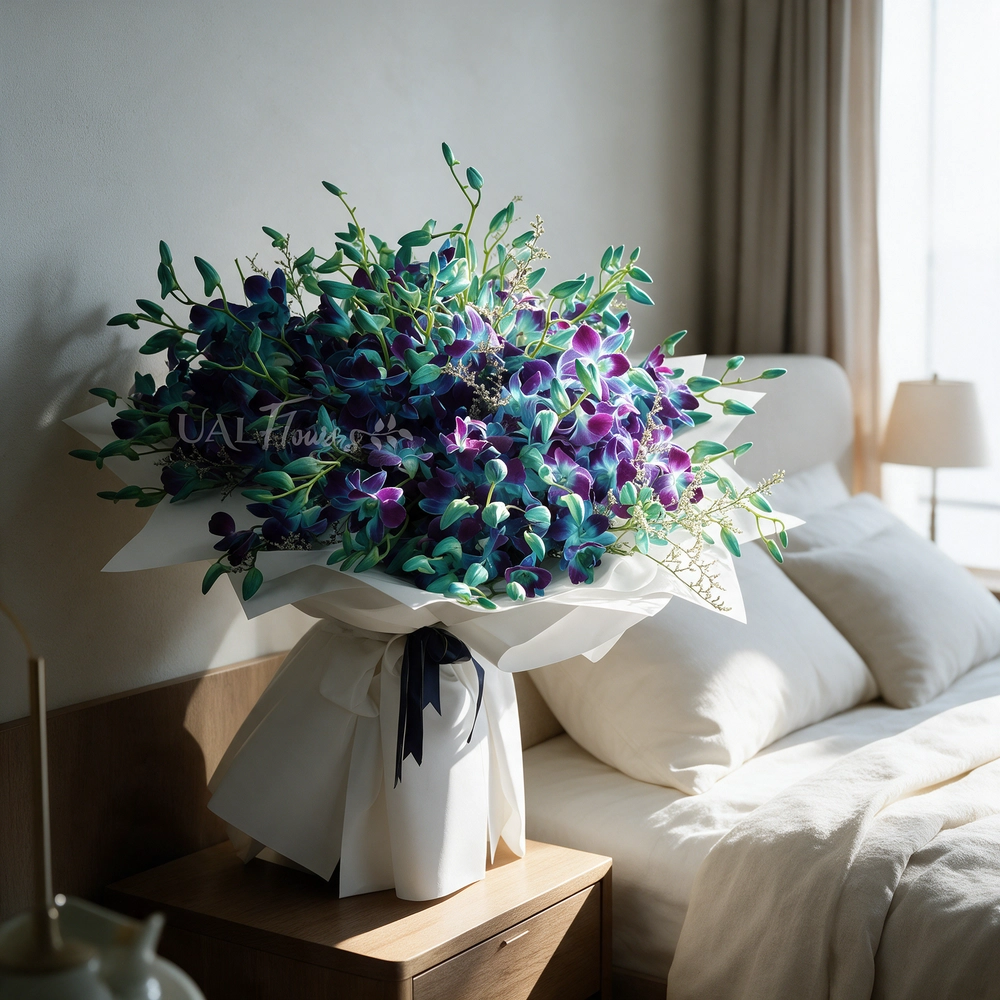 bouquet of 80 blue orchids