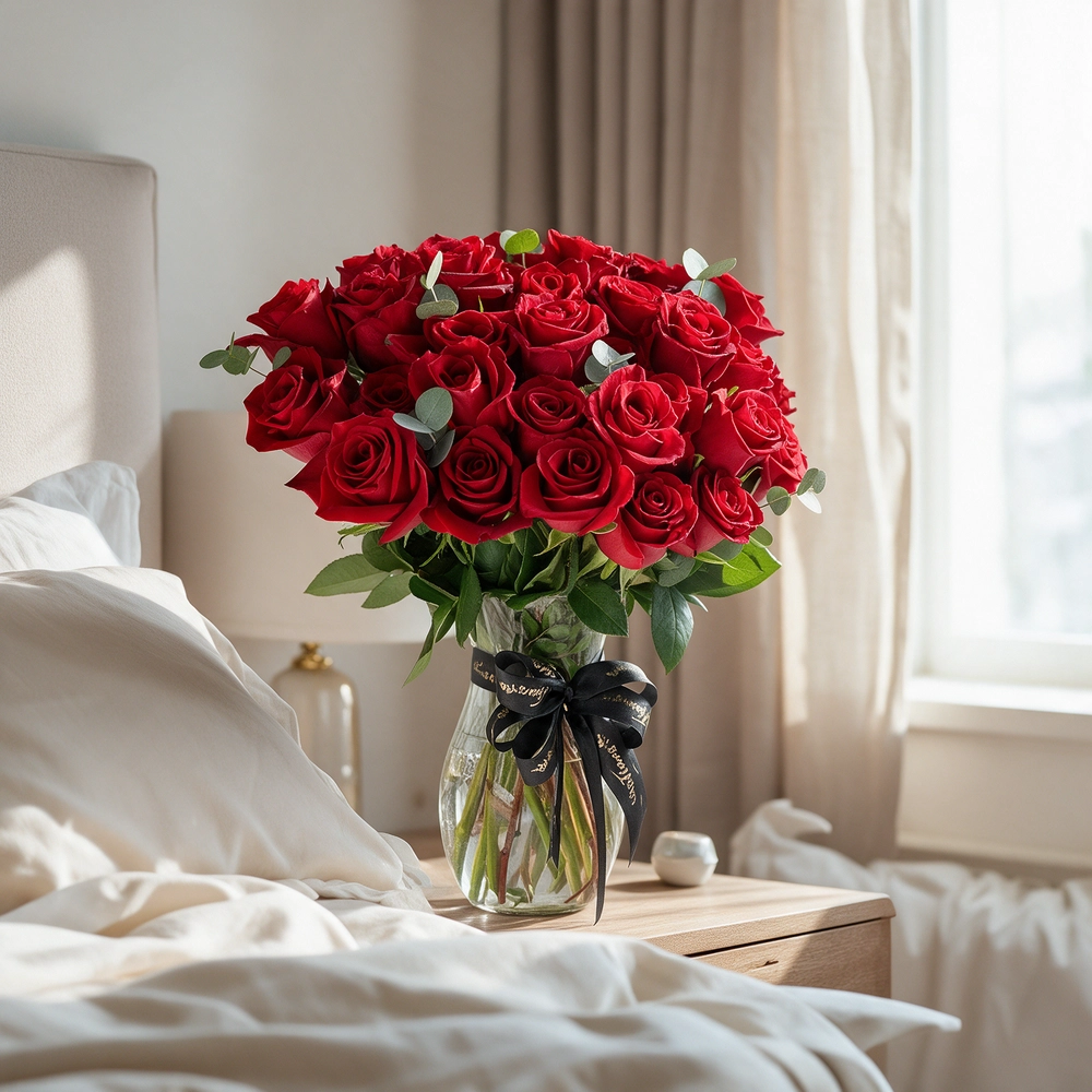 Glass vase arrangement with 30 red roses and green fillers, perfect for expressing love, admiration, or gifting on special occasions.