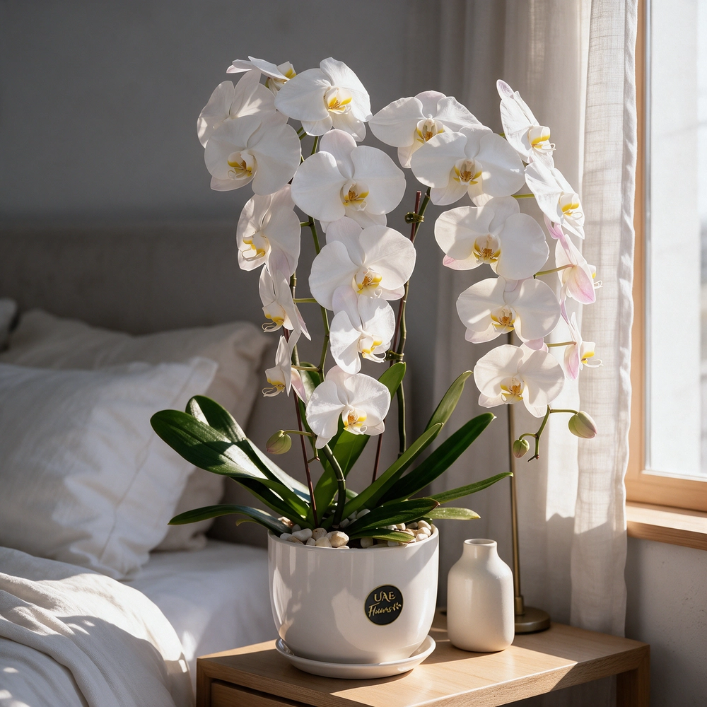 2 white phalaenopsis orchid plants in a white pot