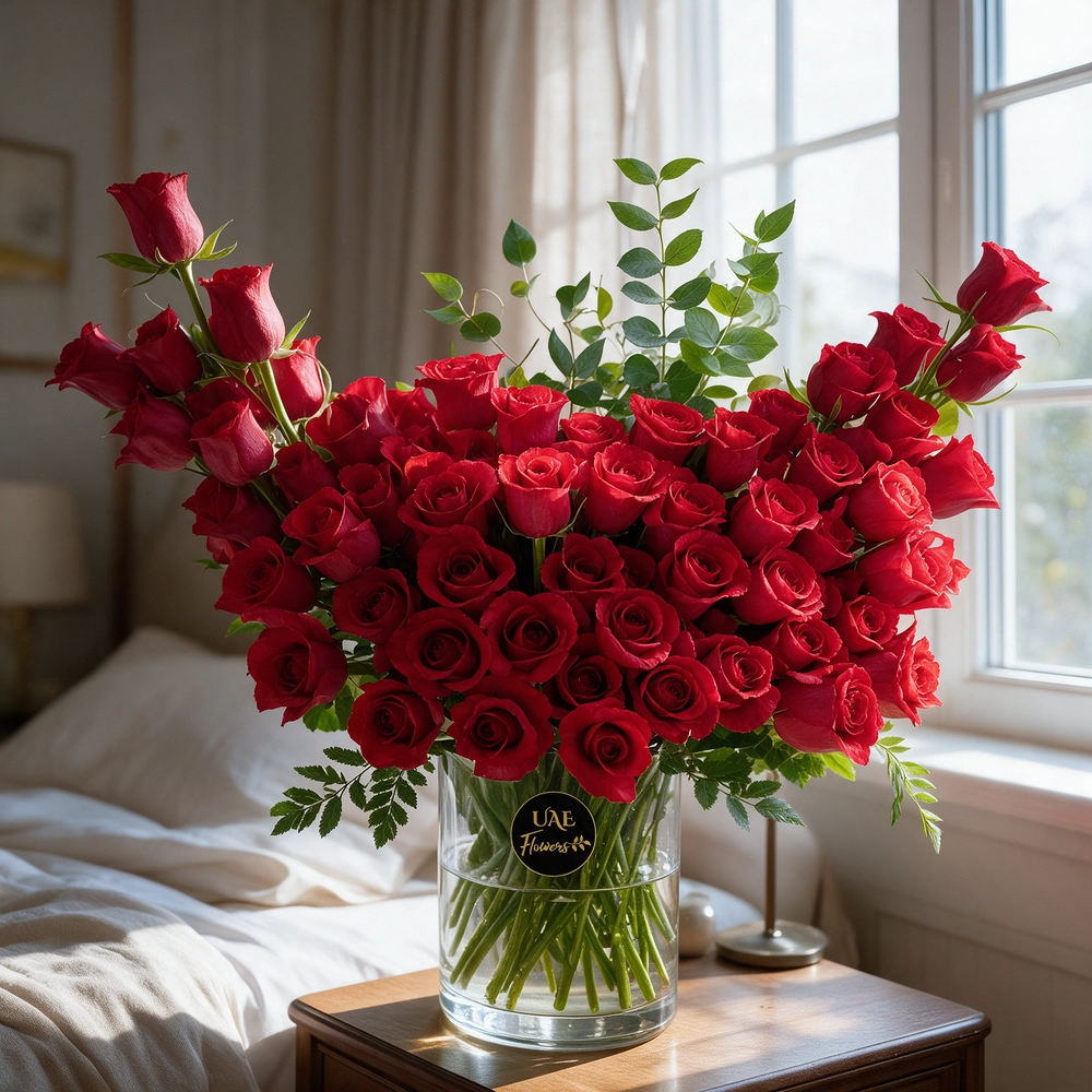 An arrangement of 60 red roses and eucalyptus leaves in a glass vase