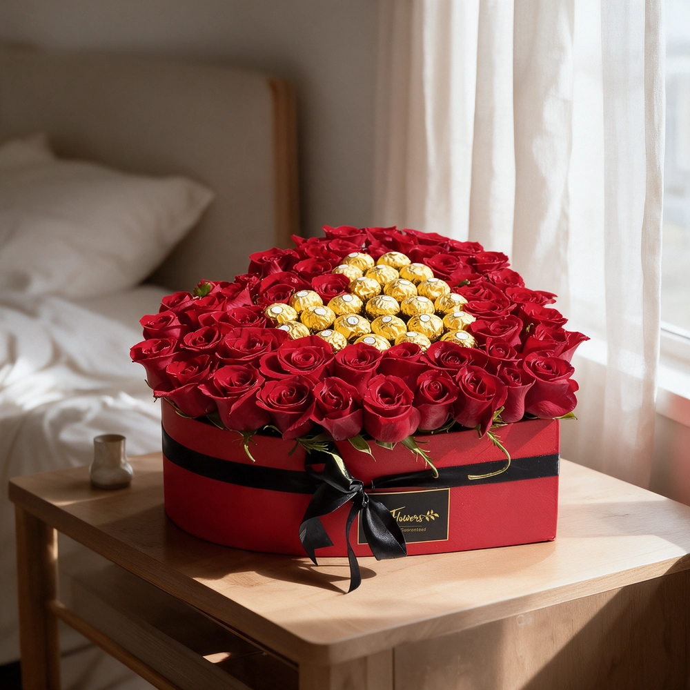 A heart shaped arrangement of 50 red roses & 24 pieces of ferrero rocher in a red box tied with black ribbon