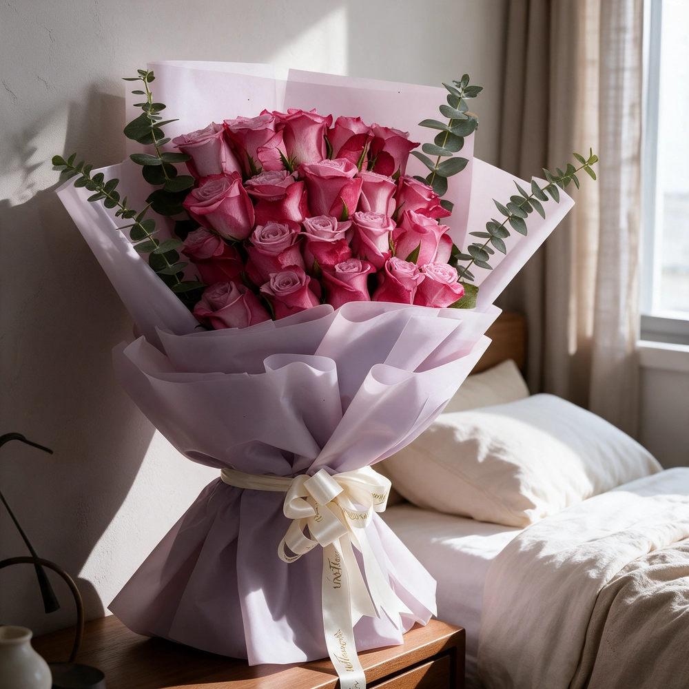 Bouquet of 20 purple roses with eucalyptus leaves, wrapped in pink paper and tied with a white satin ribbon, perfect for gifting and celebrations.
