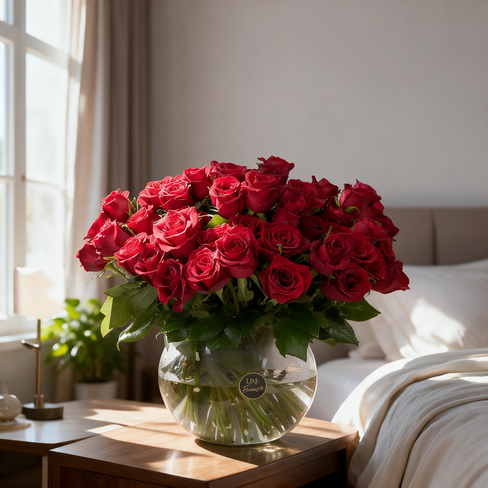 60 red roses arranged in a clear glass