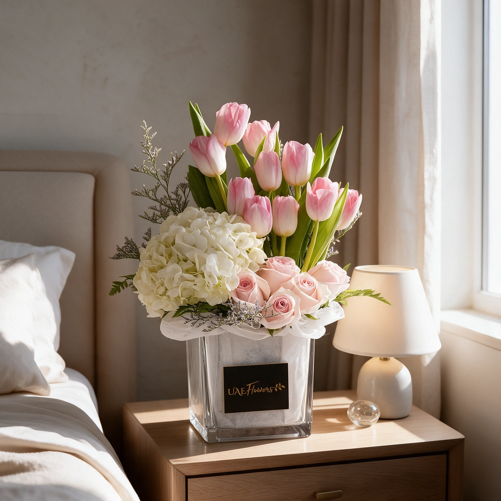 10 pink tulips, 6 pink roses & white hydrangea in a vase