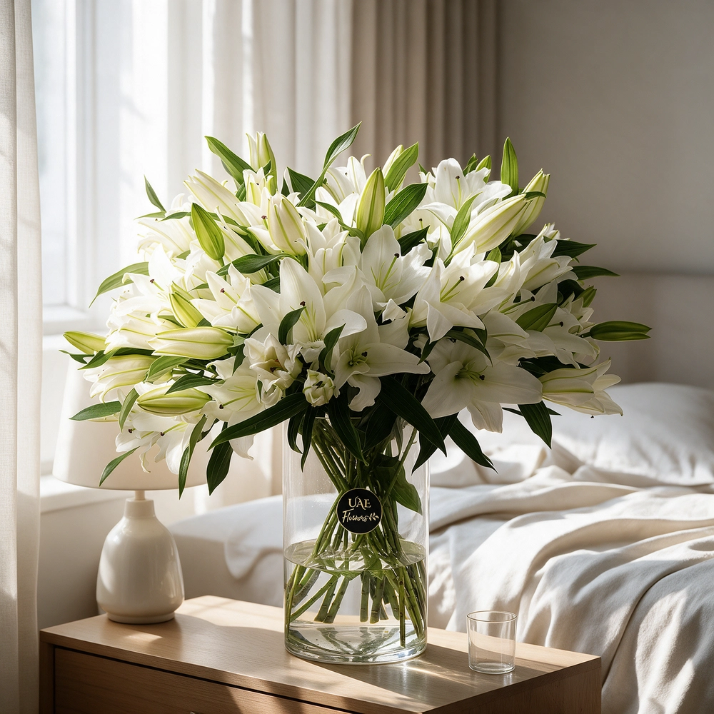 Glass vase with 20 white lilies elegantly arranged, perfect as a centerpiece or gift for weddings, anniversaries, or special occasions.