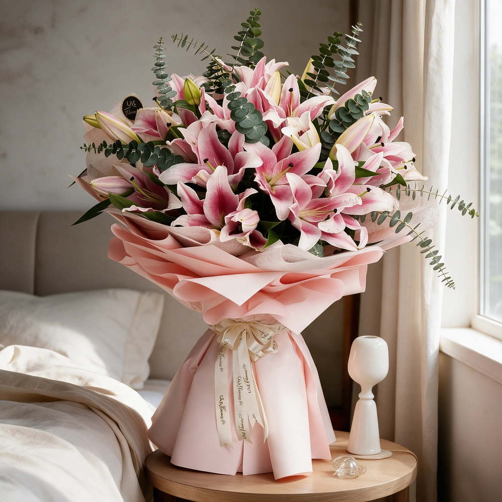 A bouquet of 10 pink lilies with eucalyptus leaves and green fillers in pink wrapping paper tied with pink ribbon