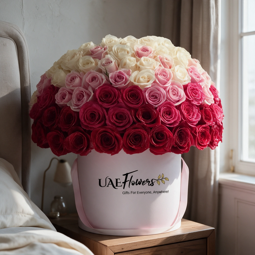15 white roses, 15 red roses, 15 peach roses, and 15 pink roses are beautifully arranged in a round box