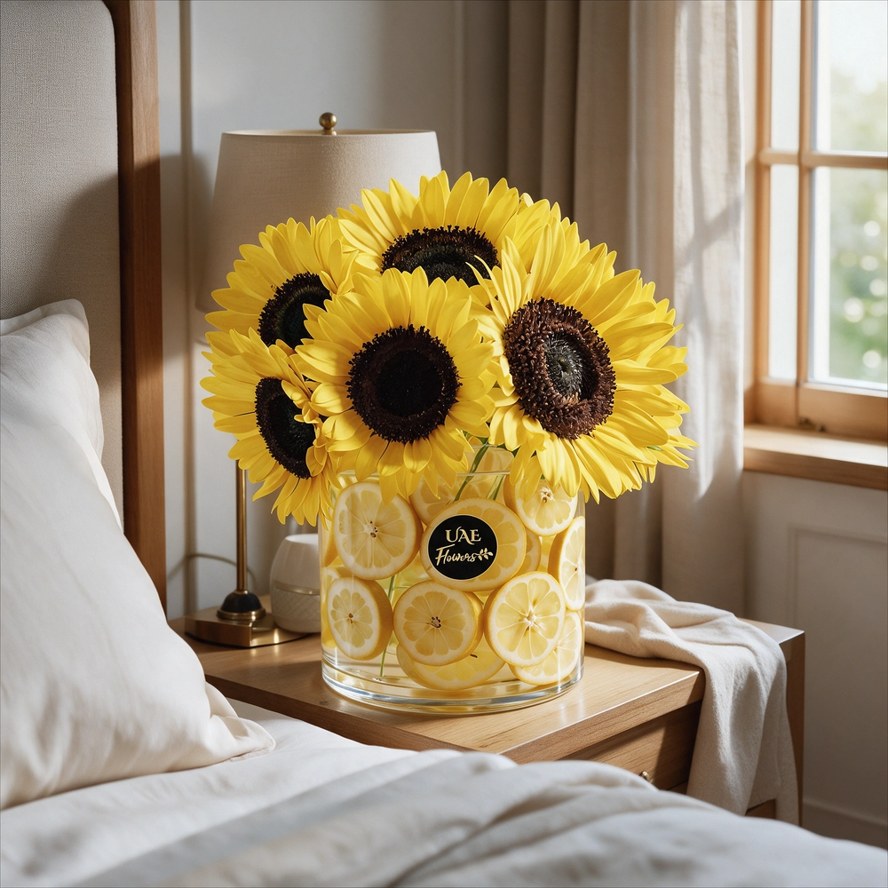 10 sunflowers & yellow lemons filled in a vase