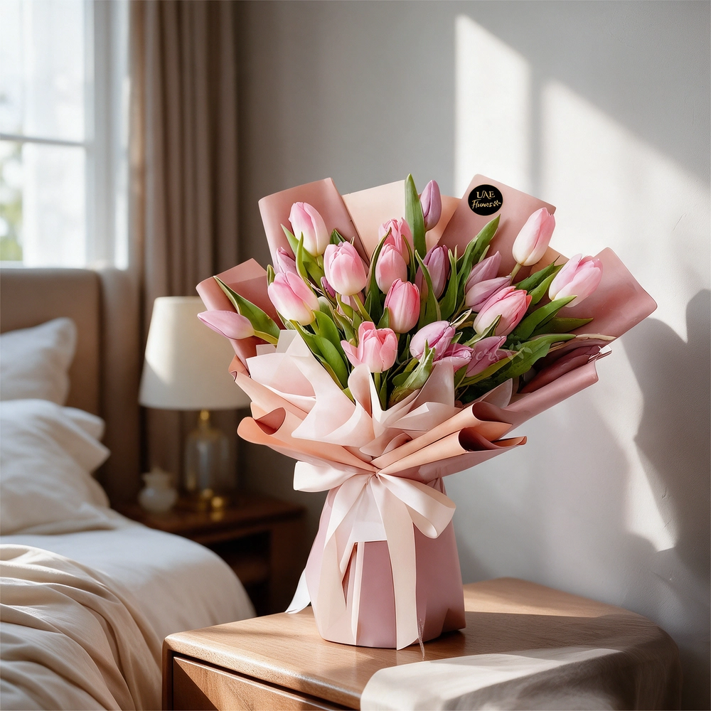 A bouquet of 20 pink tulips in pink wrapping paper tied with pink ribbon