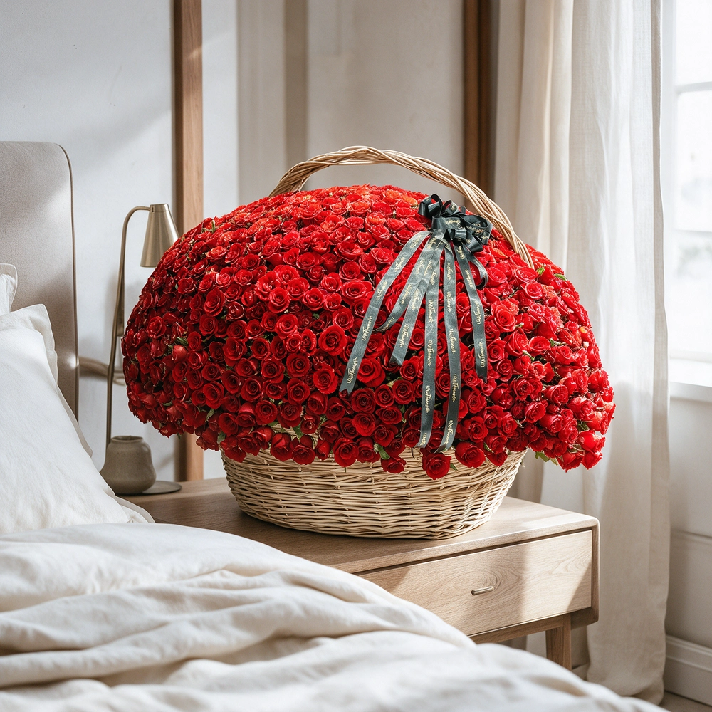 Wicker basket filled with 1000 premium red roses and tied with black satin ribbon