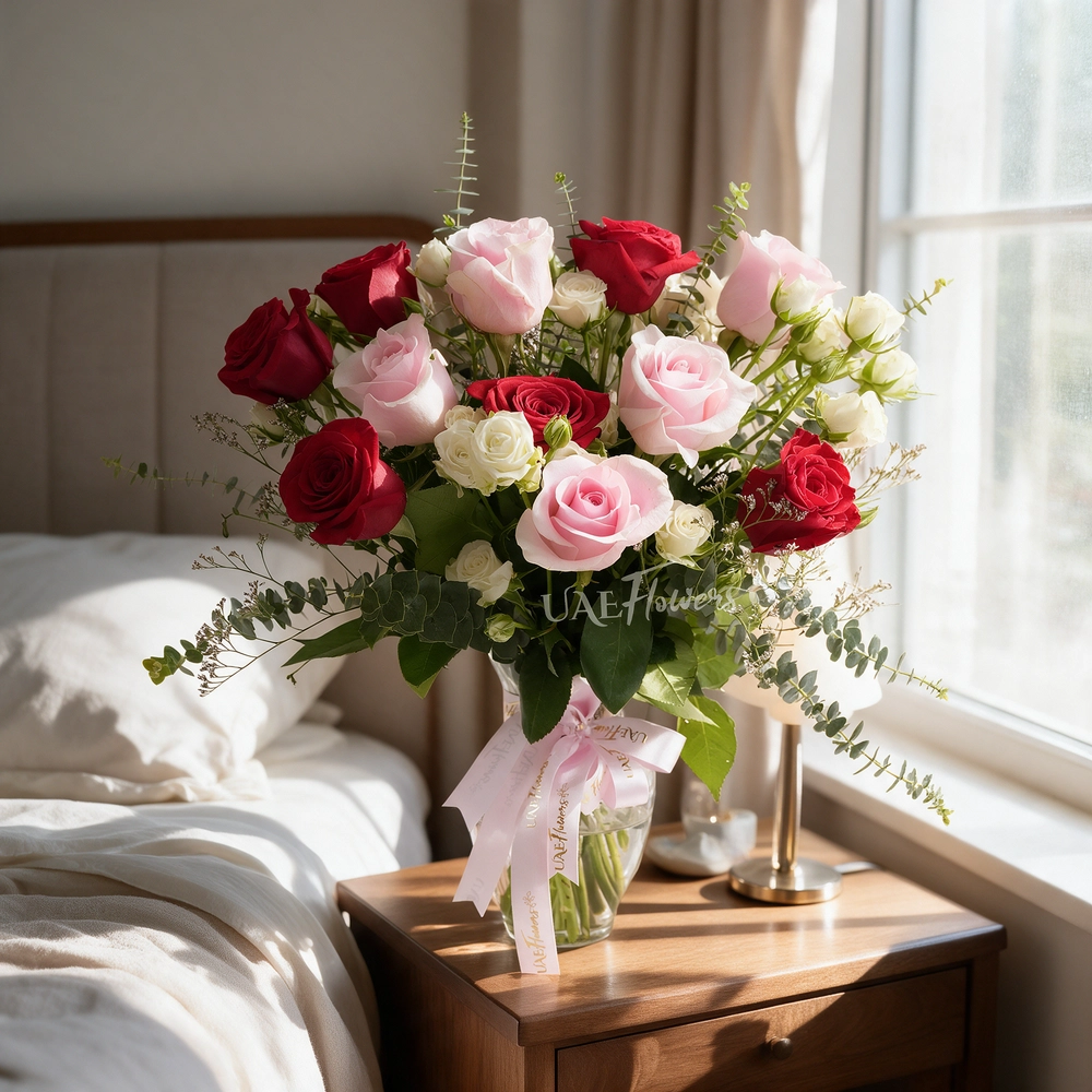 red and pink roses,  white spray roses