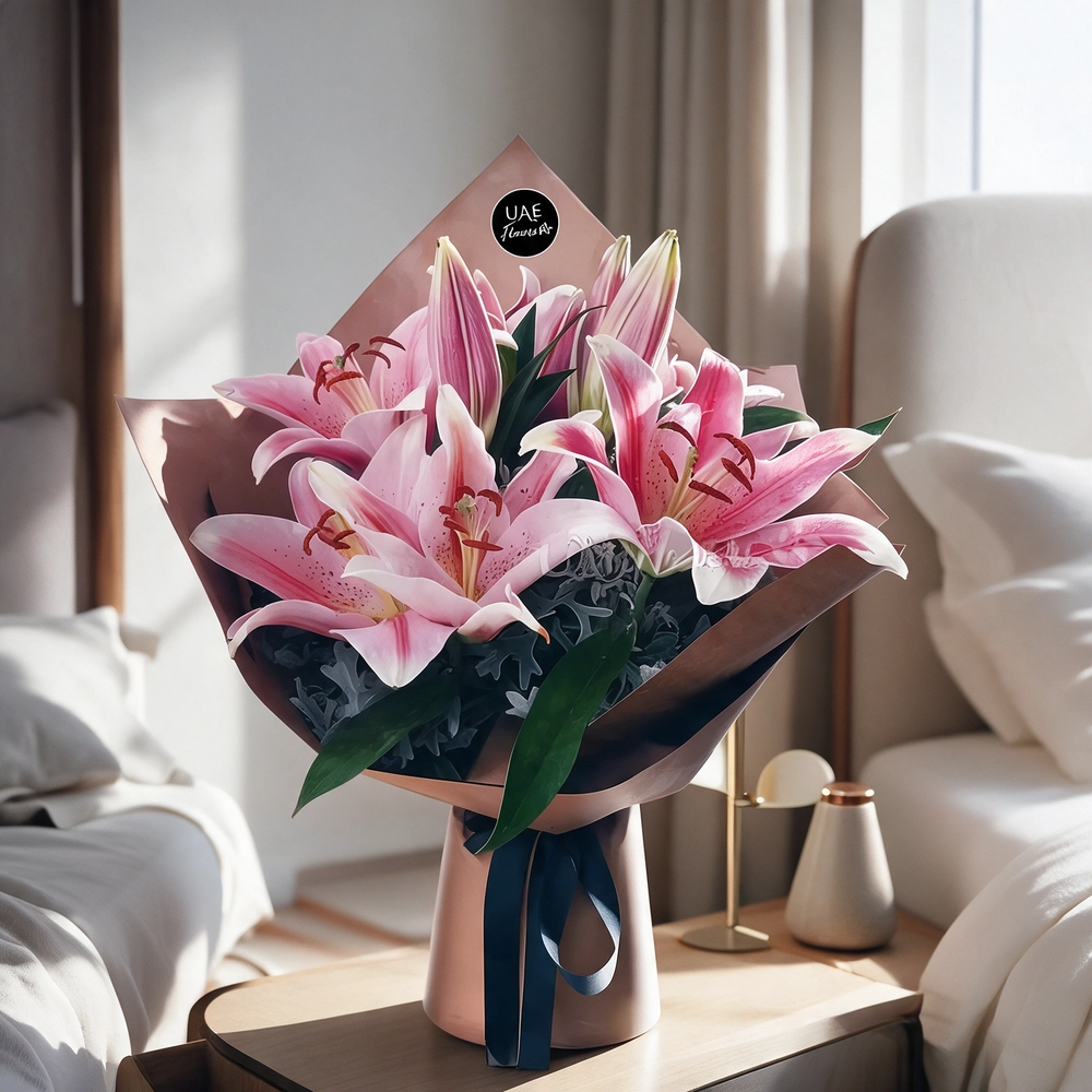 Adorned with bright pink lilies and luscious foliage in a brown wrapping paper tied with blue ribbon