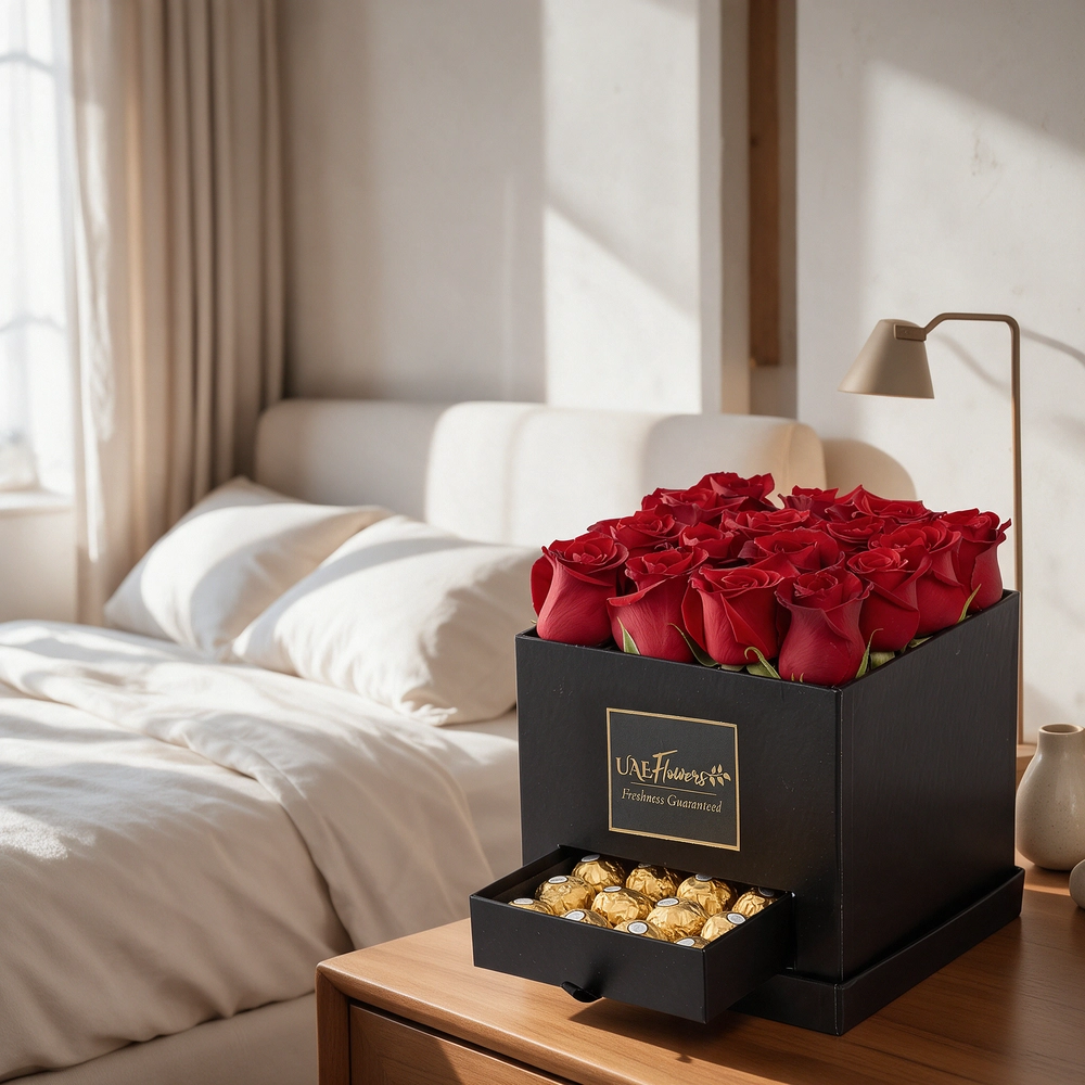 Black gift box with 16 red roses and 16 Ferrero Rocher chocolates, perfect for romantic occasions, anniversaries, or expressing love.