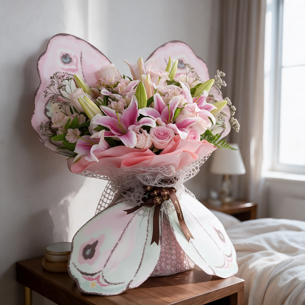 butterfly-shaped bouquet of 3 pink lilies, 10 pink roses, and 3 pink alstroemerias