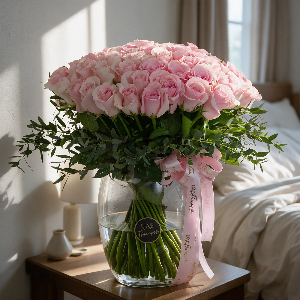 Glass vase arrangement with 40 pink roses and green fillers, tied with pink ribbons, perfect for birthdays, anniversaries, or expressing love and admiration.