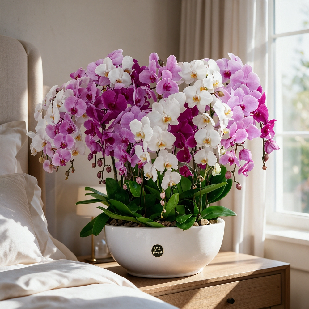 pink, white and dark pink Phalaenopsis orchids