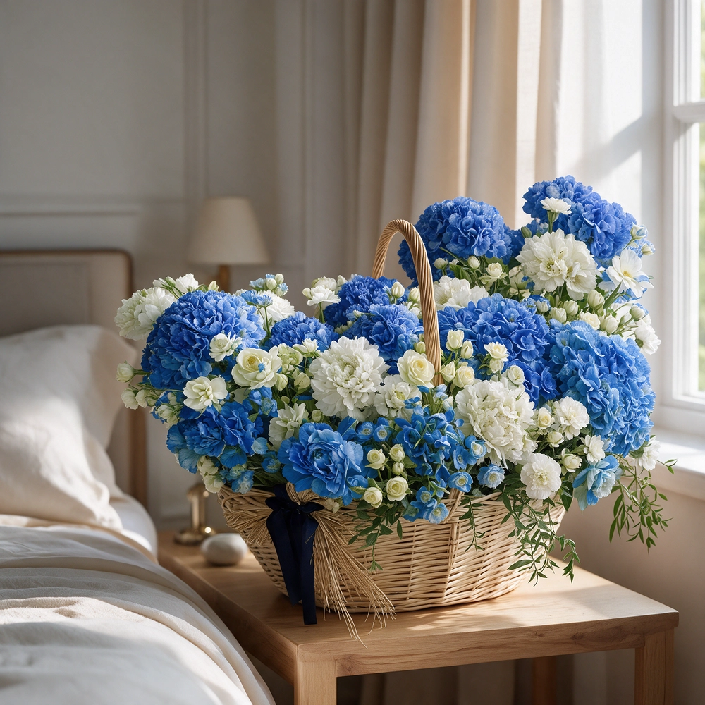 10 blue hydrangeas, 5 white hydrangeas, 30 white spray roses, 30 white carnations, 20 white roses,
