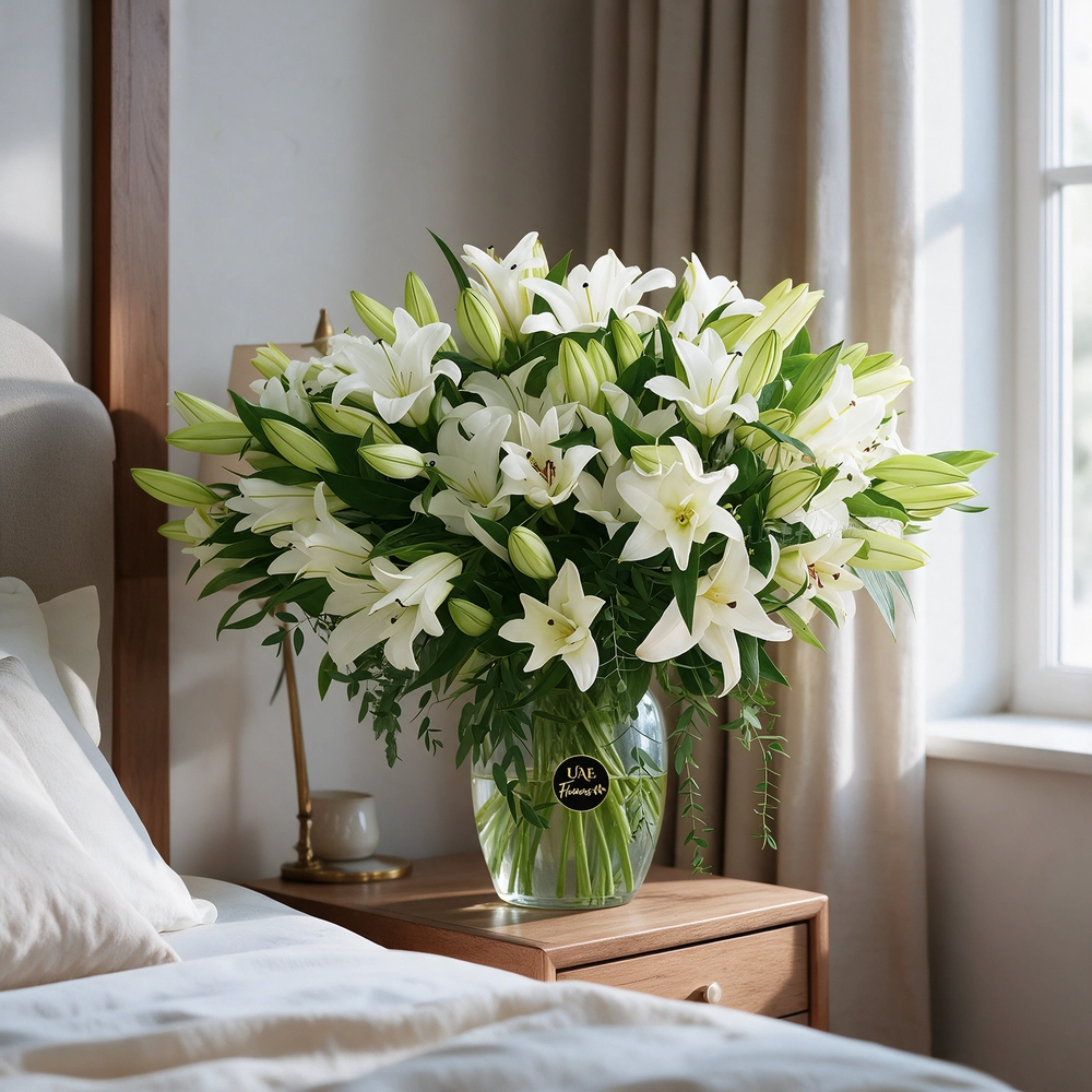 glass vase with 20 white lilies and green fillers