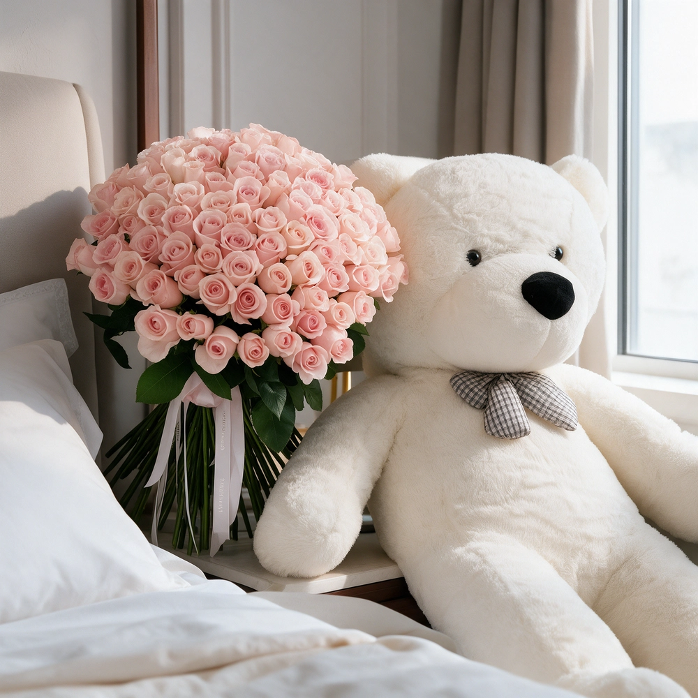 100 pink roses hand-tied with pink ribbons and a jumbo white teddy bear.