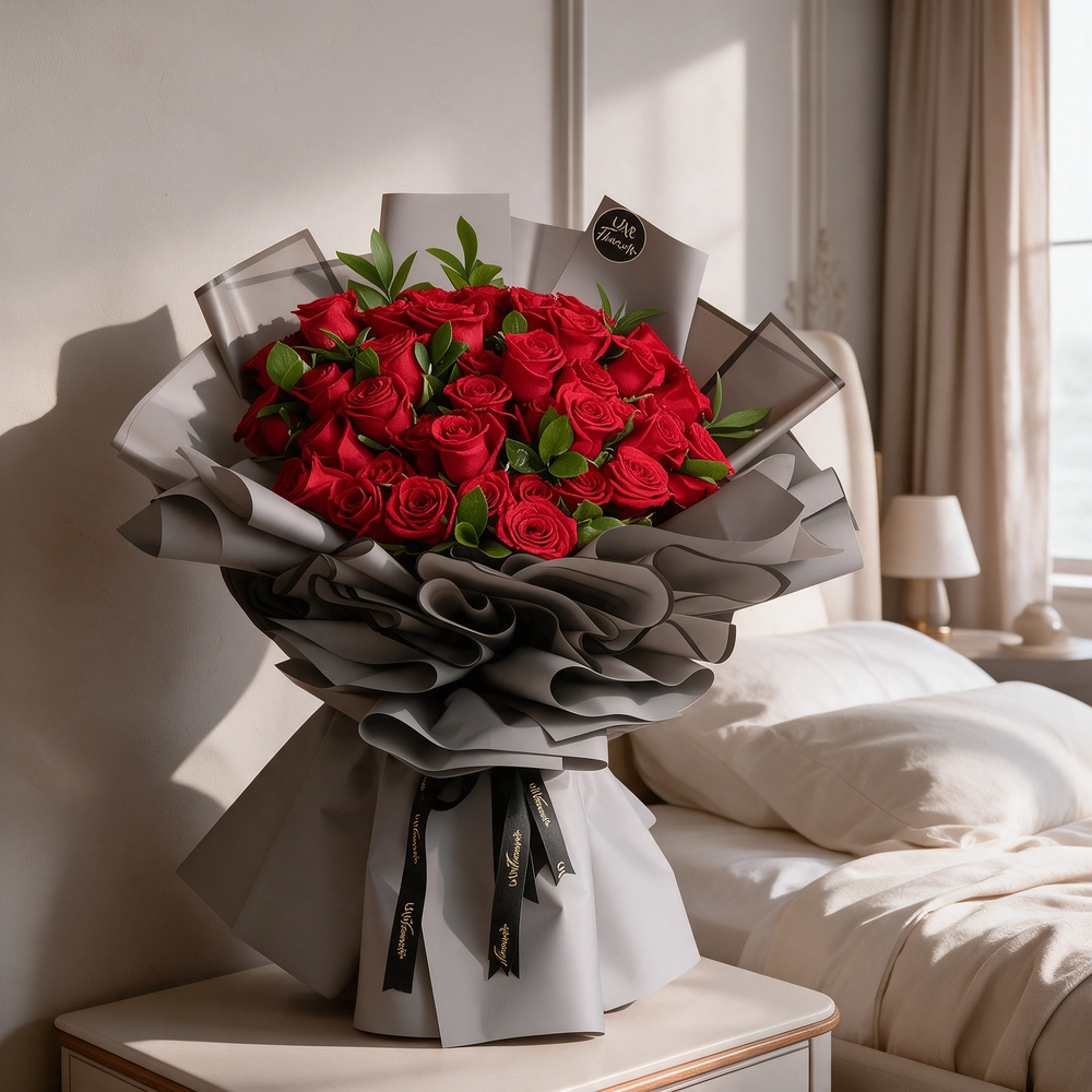 A bouquet of 40 red roses in white wrapping paper and tied with a red ribbon