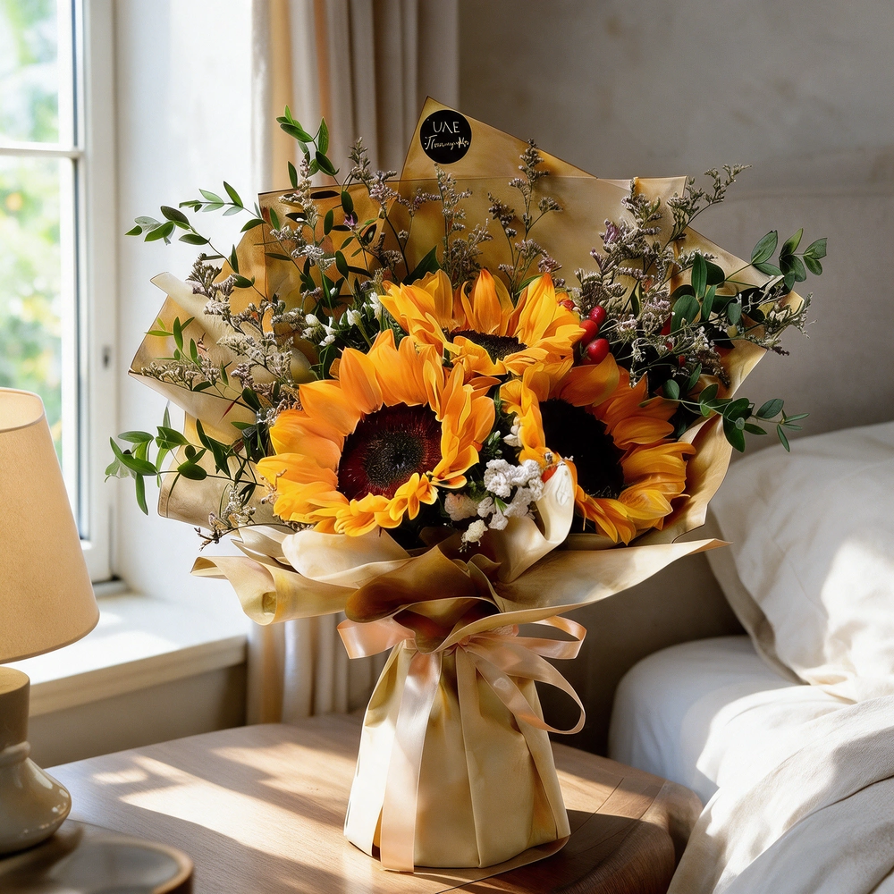 A bouquet of 3 sunflowers with fillers in brown wrapping paper tied with brown ribbon