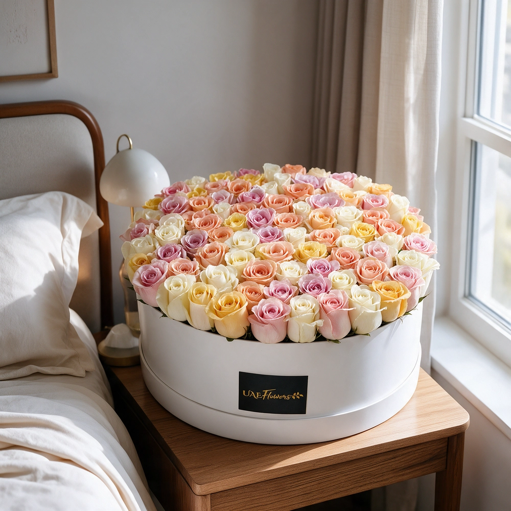 120 pastel-colored roses arranged in a box with green fillers