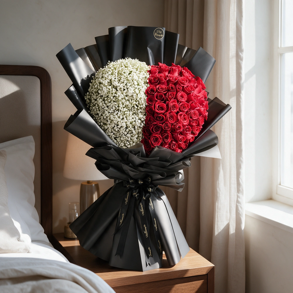60 red roses arranged in heart shape with baby’s breath in paper packing and tied with black ribbons.