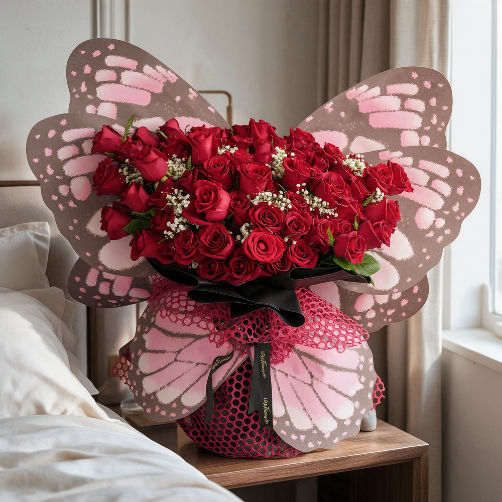 butterfly bouquet of 50 red roses with baby’s breath and green fillers