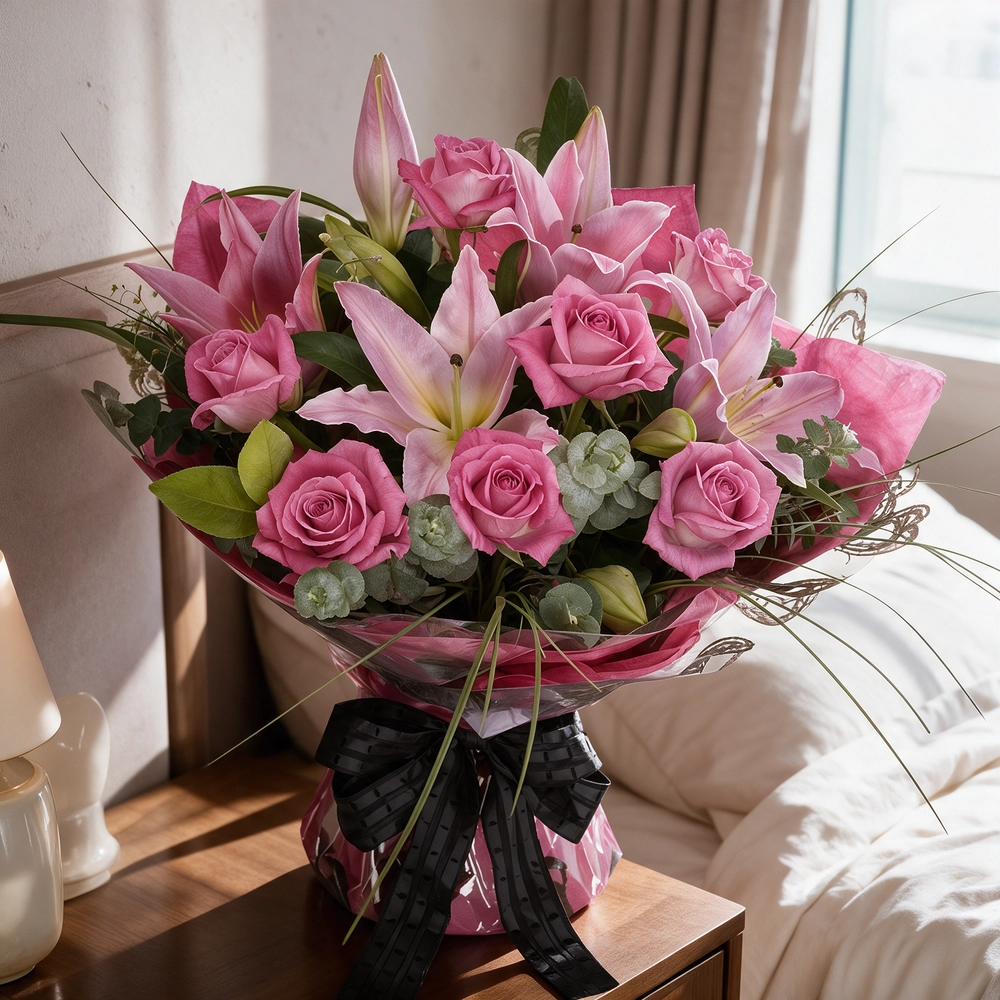 A bouquet of 2 pink lilies and 8 pink roses with greens in pink wrapping paper and tied with a black ribbon