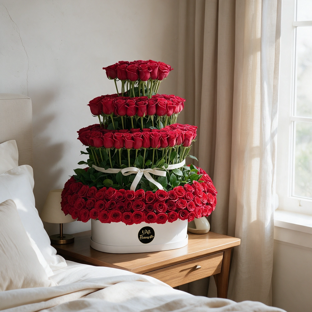 200 red roses arranged in 4 standing layers placed inside a white round box