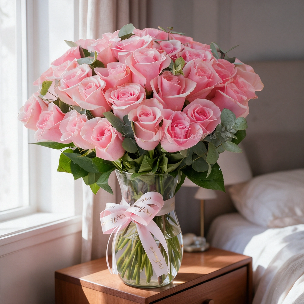 30 pink roses in glass vase arrangement