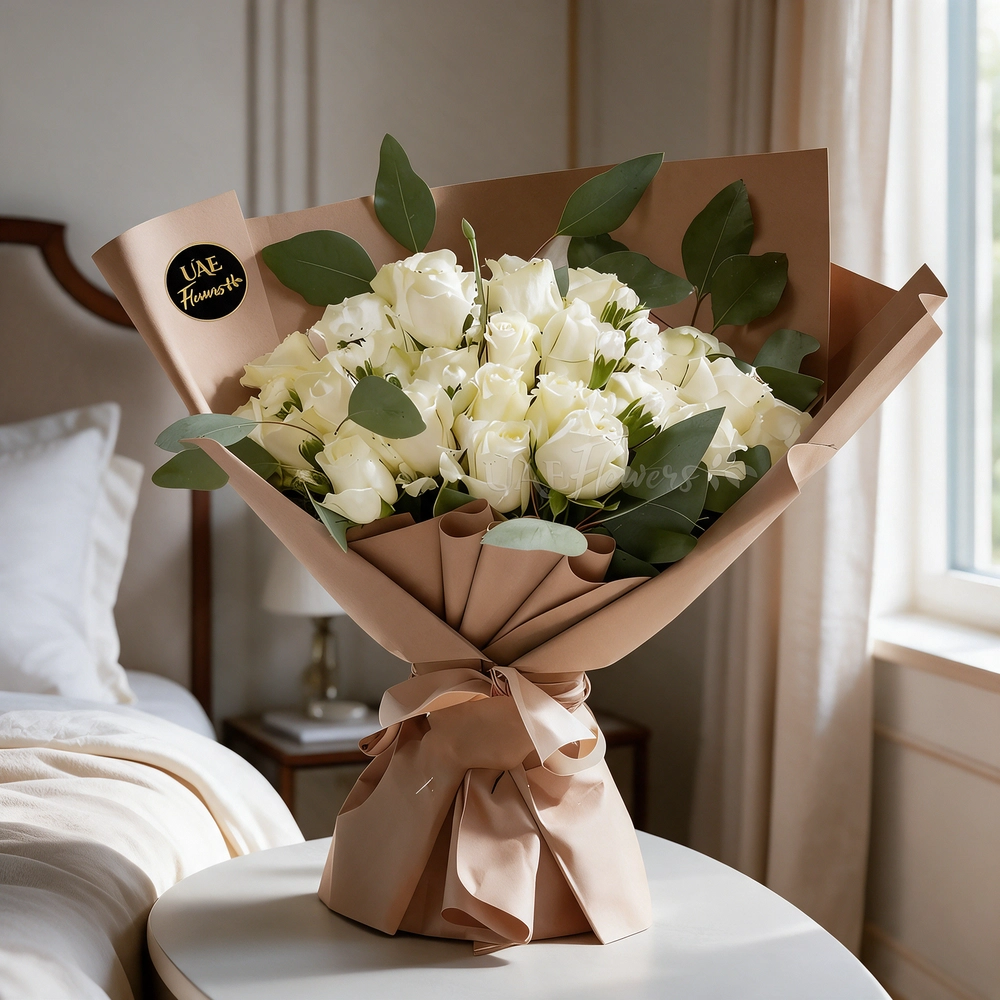 A bouquet of 20 white roses with green fillers in brown wrapping paper tied with brown ribbon