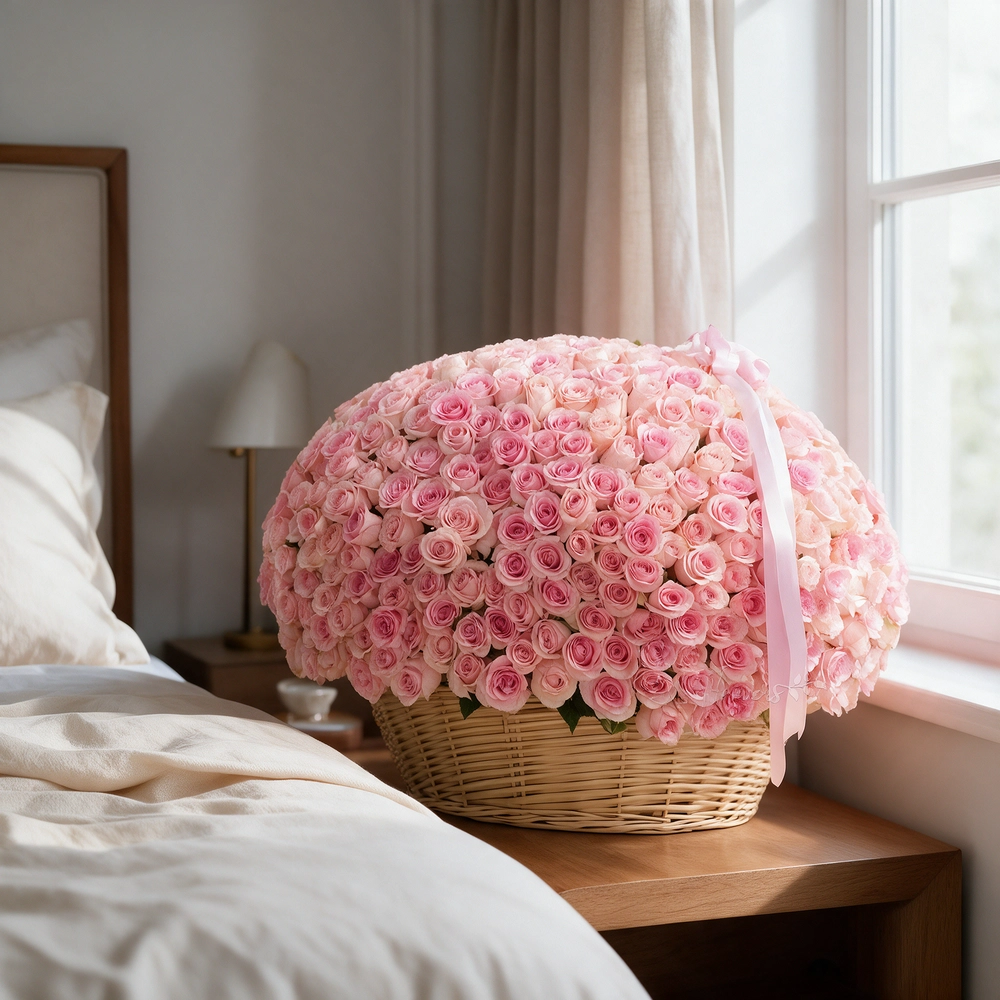 round basket filled with 600 pink roses