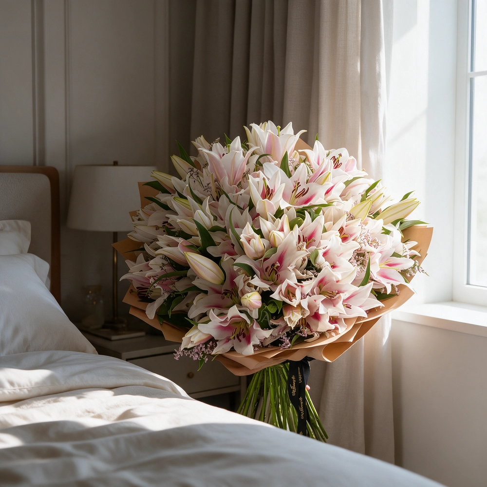 Bouquet of 30 pink lilies elegantly wrapped in premium paper and tied with ribbons – graceful and fragrant floral gift by UAE Flowers.