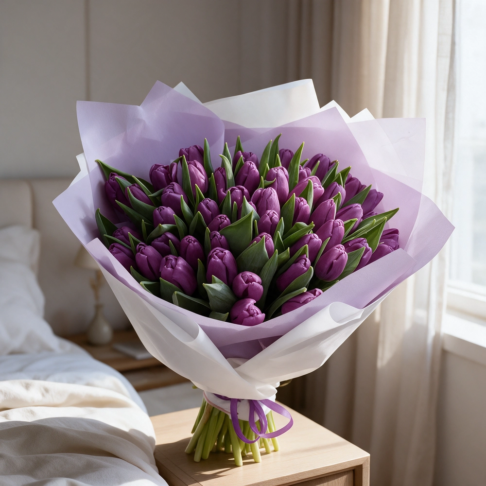 bouquet of 40 purple tulips arranged with basic green fillers