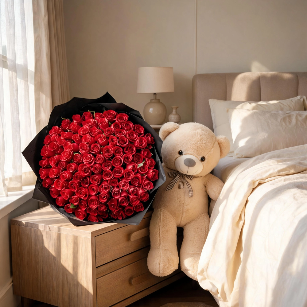 bouquet of 100 red roses in black paper wrap with ribbons and a brown jumbo teddy bear