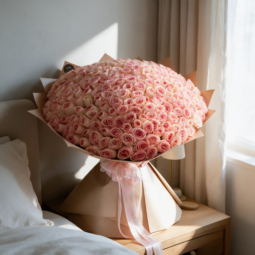 bouquet of 200 pink roses arranged with soft fillers