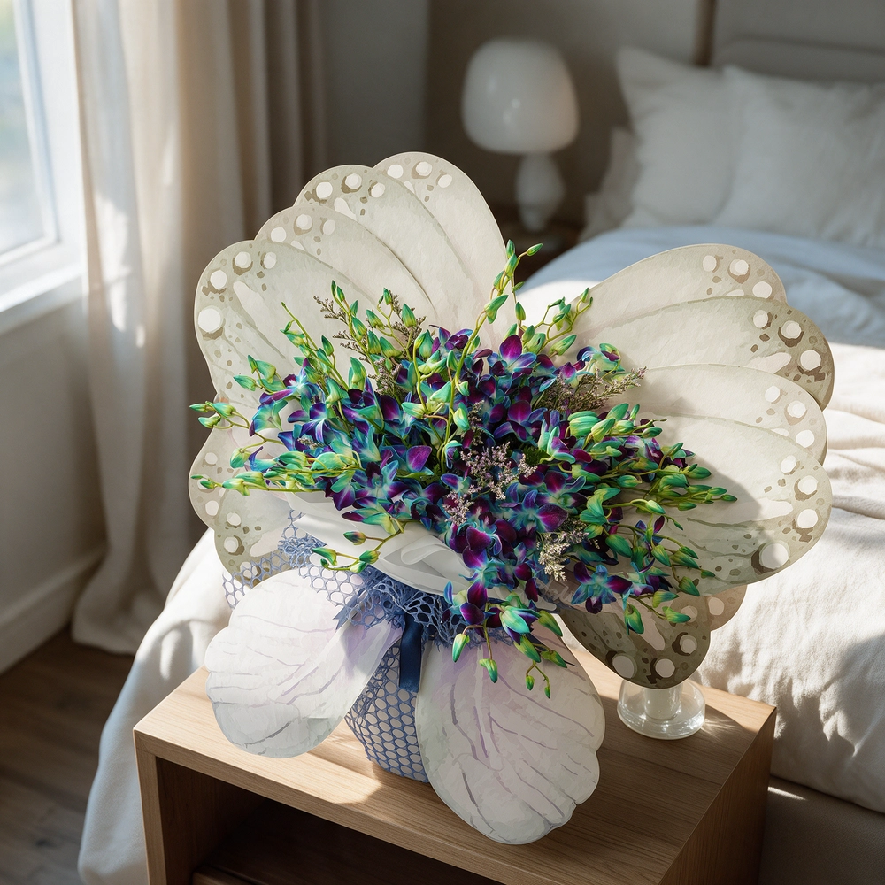 20 blue orchids with blue baby's breath