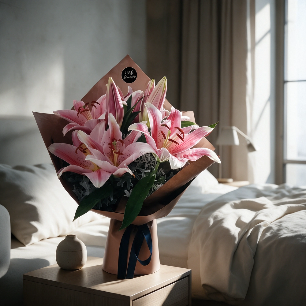 Adorned with bright pink lilies and luscious foliage in a brown wrapping paper tied with blue ribbon