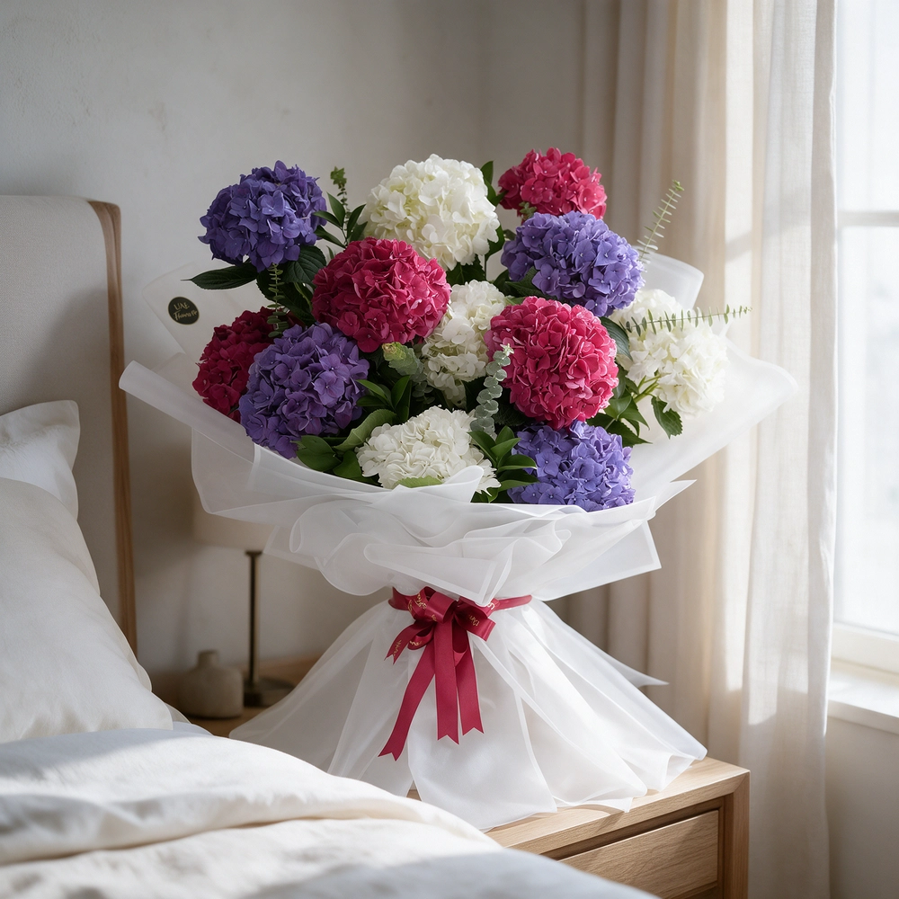 bouquet with red, white, and purple hydrangeas
