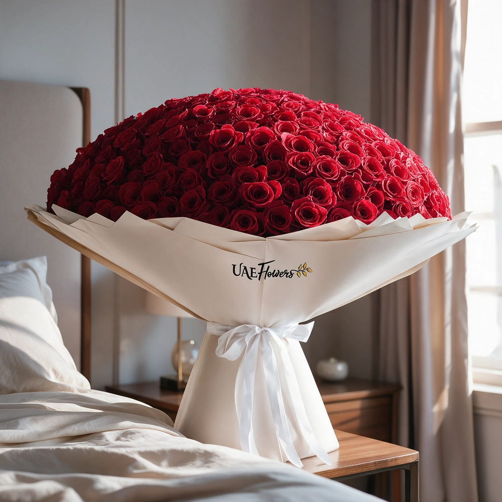 A bouquet of 365 red roses, wrapped in off-white paper and tied with a white ribbon