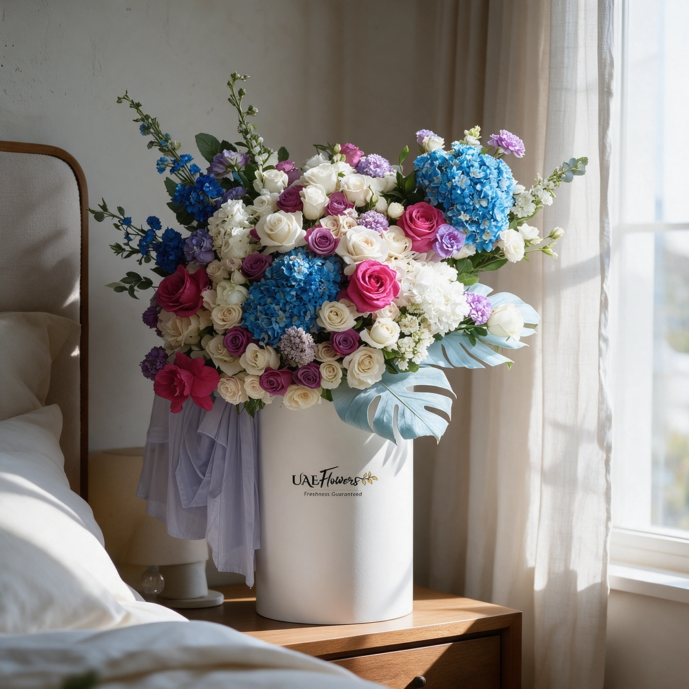 An arrangement of blue hydrangeas, white hydrangeas, purple roses, white roses, purple lisianthus, white spray roses, blue delphinium, fushia roses with green fillers and blue net in a tall round box.