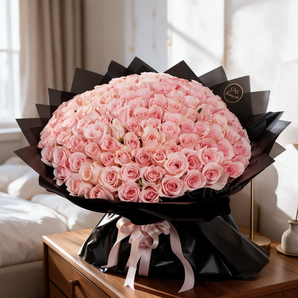 A 100-pink rose bouquet wrapped in black paper and tied with a white ribbon