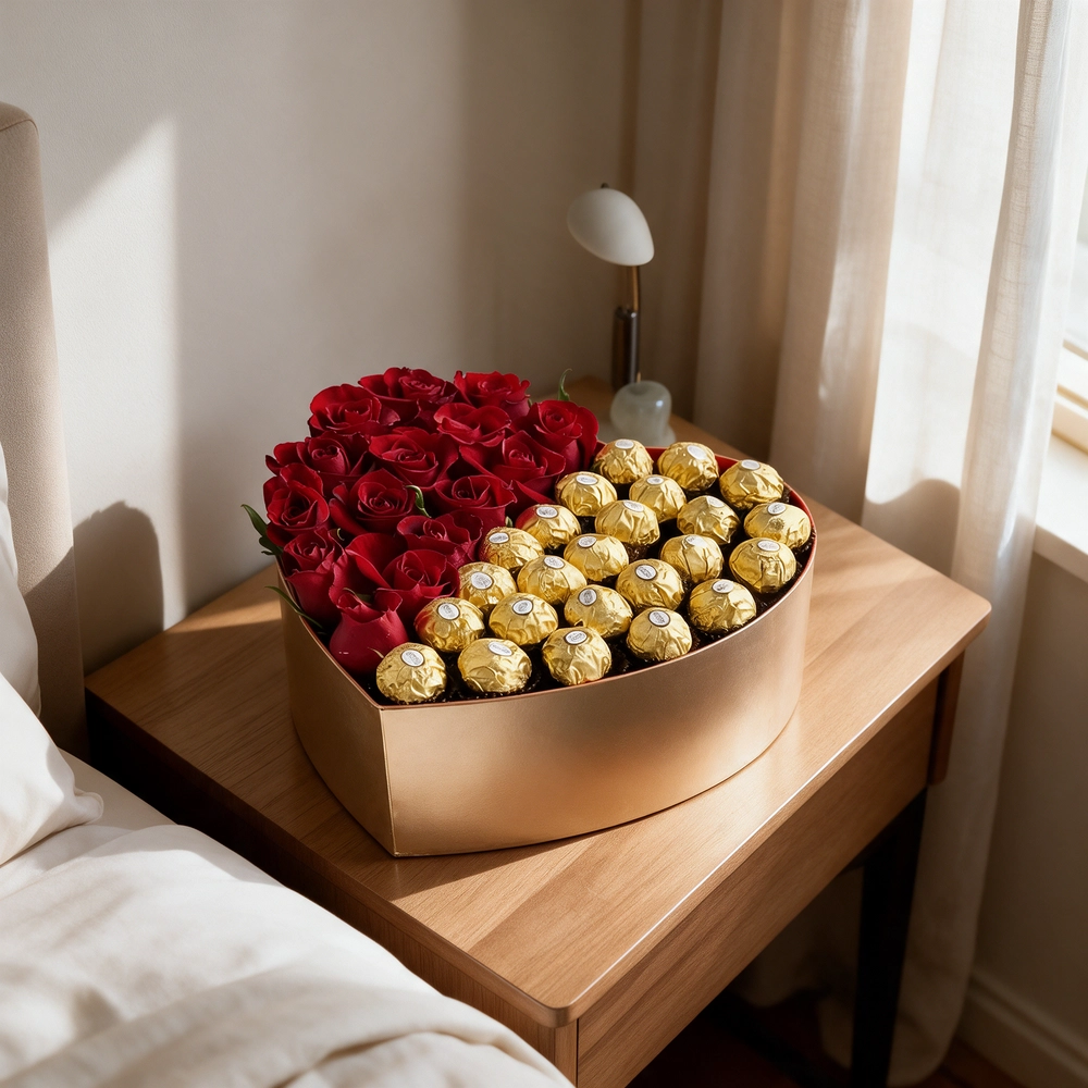 Heart-shaped box with 15 red roses and 24 Ferrero Rocher chocolates, perfect for expressing love and romance.