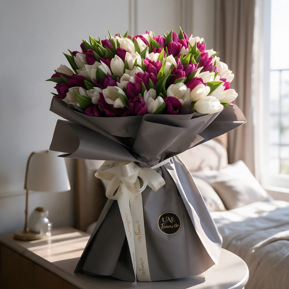 bouquet of 40 white and 40 purple tulips arranged in grey paper wrap
